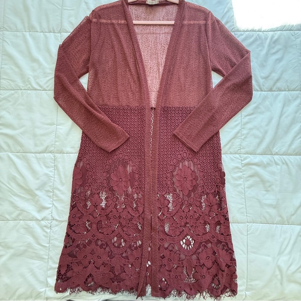Ember Burgundy Lace Longline Duster Cardigan Size M - Picture 4 of 9